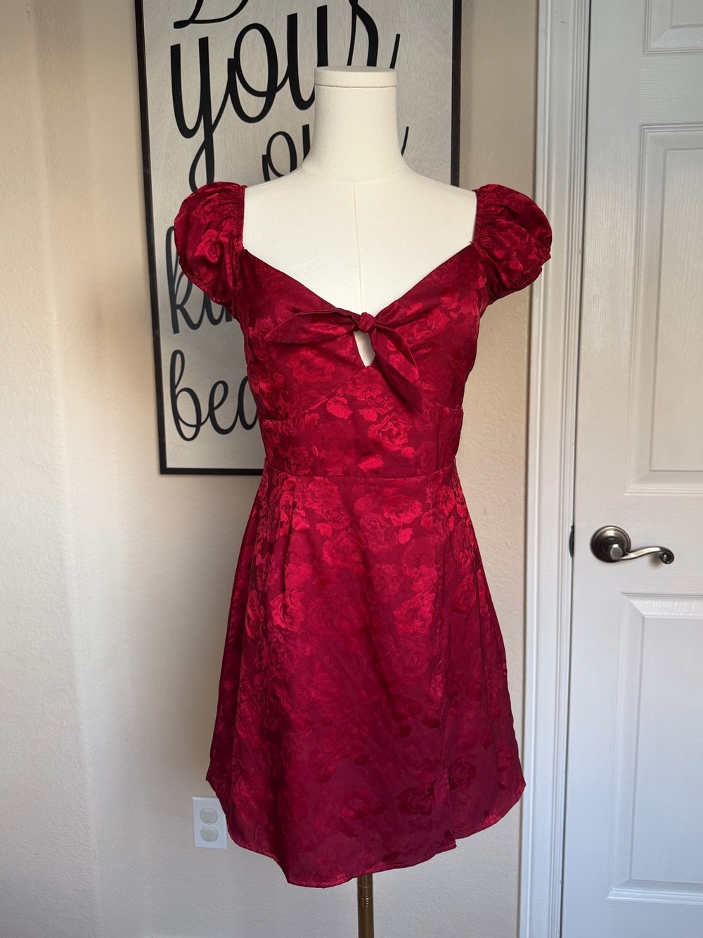 mi ami Satin Dress in Deep Wine Red with rose pattern